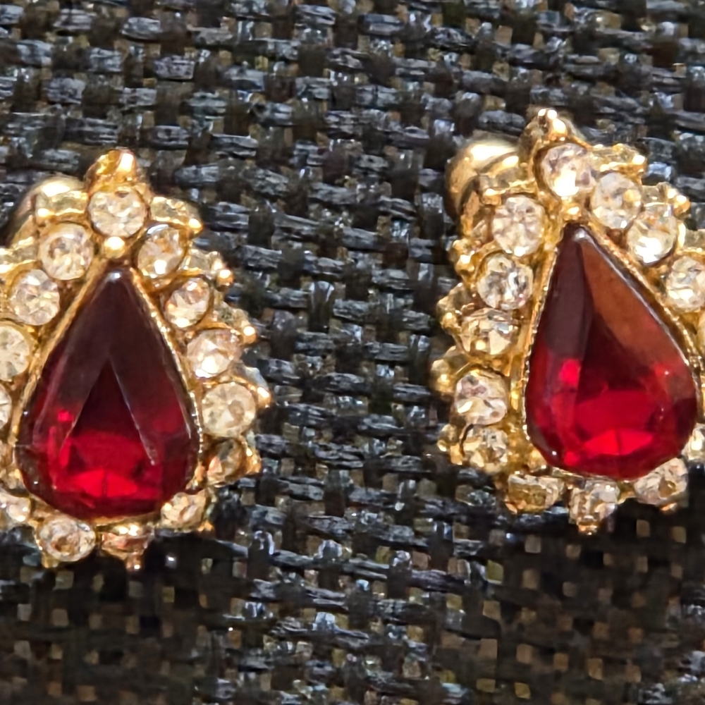 Gold-Tone Red Teardrop Crystal Stud Earrings - Women Jewelry